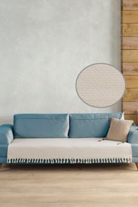 Ladynil Pamuklu Saçaklı Süngersiz Geometrik Desenli Ekru Tekli Koltuk Örtüsü 115x201 cm