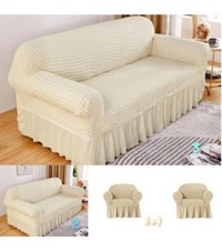 Güzel Aral GA-3211 Pamuklu - Polyester Bürümcük Fırfırlı Kapitone Giydirmeli Lastikli Bej 3-2-1-1 Koltuk Örtüsü 180x230 cm