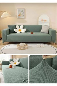 Güzel Aral GAHD-3 Pamuklu - Polyester Süngersiz Tuğla Desenli Giydirmeli Lastikli Bej Üçlü Koltuk Örtüsü 180x230 cm
