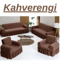 Kanway Likralı Fırfırlı Süngersiz Damask Desenli Giydirmeli Kahverengi 3-3-1-1 Koltuk Örtüsü 180x230 cm