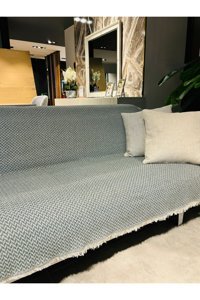 Mucize Evim Pamuklu Saçaklı Süngersiz Geometrik Desenli Yeşil Tekli Koltuk Örtüsü 180x300 cm