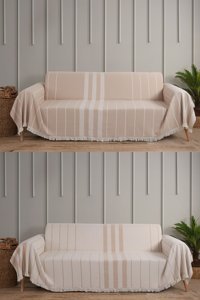 Cotanique Taos Pamuklu Kanvas Saçaklı Süngersiz Armürlü Bej Üçlü Koltuk Örtüsü 300x180 cm
