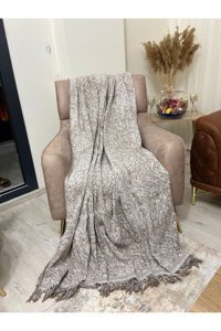 Şener Home Pamuklu Polar Saçaklı Süngersiz Mermer Desenli Kahverengi Tekli Koltuk Örtüsü 170x350 cm