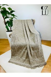 Özlü Home Pamuklu - Polyester Örgü Saçaklı Süngersiz Mermer Desenli Bej Tekli Koltuk Örtüsü 170x220 cm