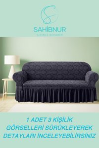 Sahibnur Pamuklu - Polyester Likralı Jakarlı Süngersiz Geometrik Desenli Giydirmeli Gri Tekli Koltuk Örtüsü 180x230 cm