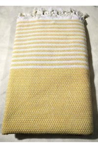 Mandaş Pamuklu Püsküllü Süngersiz Çizgili Sarı Tekli Koltuk Örtüsü 180x220 cm