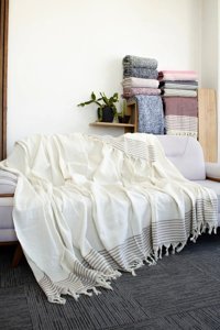 Osmanlı Home Concept Pamuklu Örgü Saçaklı Süngersiz Çizgili Bej Üçlü Koltuk Örtüsü 180x300 cm
