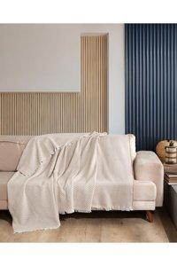 Fushia Viven Pamuklu Örgü Saçaklı Süngersiz Çizgili Bej Tekli Koltuk Örtüsü 210x170 cm