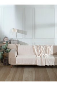 Lux Touch Vera Pamuklu Püsküllü Süngersiz Geometrik Desenli Ekru Tekli Koltuk Örtüsü 200x220 cm