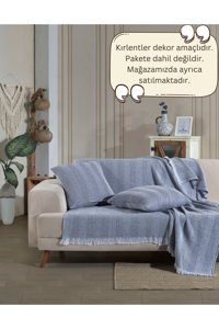 Lux Touch Lily Pamuklu Püsküllü Süngersiz Geometrik Desenli Lacivert Tekli Koltuk Örtüsü 150x200 cm