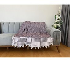 Niks Home Pamuklu Püsküllü Süngersiz Geometrik Desenli Bordo Tekli Koltuk Örtüsü 180x230 cm
