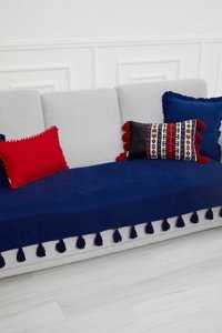 Aisha's Design KO-19 Polyester Örgü Püsküllü Süngersiz Düz Lacivert Tekli Koltuk Örtüsü 34x48 cm