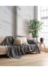 Botex Pamuklu Püsküllü Süngersiz Düz Siyah Tekli Koltuk Örtüsü 170x230 cm