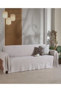 Ladynil Pamuklu Saçaklı Süngersiz Çiçek Desenli Bej Tekli Koltuk Örtüsü 180x300 cm