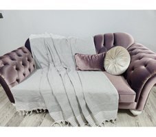 Mania Pamuklu Püsküllü Süngersiz Çizgili Gri Tekli Koltuk Örtüsü 180x300 cm