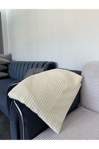 Ferhat Home Polyester Örgü Süngersiz Çizgili Bej Tekli Koltuk Örtüsü 170x210 cm