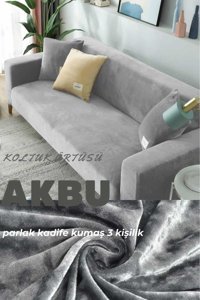 Akbu Kadife Süngersiz Düz Giydirmeli Lastikli Gri Tekli Koltuk Örtüsü 180x220 cm