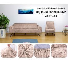 Etles Home Kadife Likralı Jakarlı Süngersiz Armürlü Giydirmeli Bej Sekizli Koltuk Örtüsü 180x220 cm