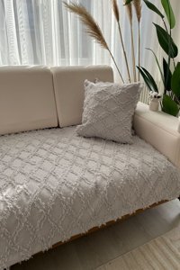 Best House Decor Pamuklu Püsküllü Süngersiz Geometrik Desenli Gri Tekli Koltuk Örtüsü 100x230 cm