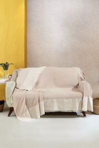 Vagonik Helena Natural Pamuklu Polar Saçaklı Süngersiz Düz Bej Tekli Koltuk Örtüsü 170x210 cm