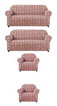 Uytm Likralı Jakarlı Süngerli Çiçek Desenli Giydirmeli Pembe Dörtlü Koltuk Örtüsü 180x230 cm