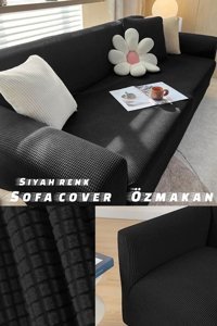 Özmakan Pamuklu - Polyester Likralı Jakarlı Süngersiz Petek Desenli Giydirmeli Siyah Tekli Koltuk Örtüsü 180x230 cm