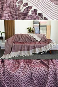 Mutlu Çeyiz Diamond Pamuklu Püsküllü Süngersiz Çizgili Bordo Tekli Koltuk Örtüsü 180x300 cm
