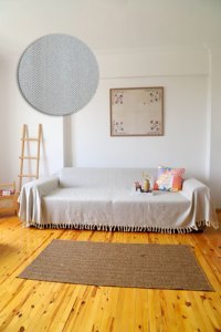 Koza Home Pamuklu - Polyester Saçaklı Süngersiz Çizgili Gri Tekli Koltuk Örtüsü 180x300 cm