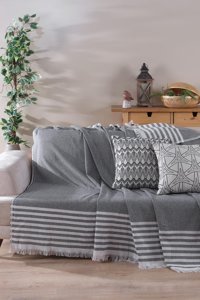 Cotonila Pamuklu Kanvas Saçaklı Süngersiz Armürlü Gri Üçlü Koltuk Örtüsü 170x210 cm