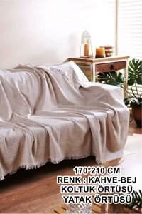 Molisa Home Pamuklu Saçaklı Süngersiz Armürlü Kahverengi Tekli Koltuk Örtüsü 170x210 cm