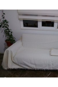 Taşkın Home Pamuklu Polar Saçaklı Süngersiz Çizgili Bej Tekli Koltuk Örtüsü 180x300 cm