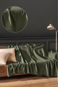 Cottexo Pamuklu Kanvas Saçaklı Süngersiz Düz Haki Üçlü Koltuk Örtüsü 170x210 cm