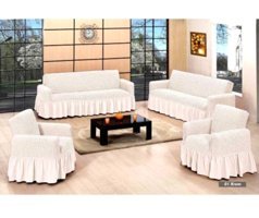 Lady Bella Elite Home Style Pamuklu Bürümcük Fırfırlı Süngersiz Kareli Giydirmeli Bej Dörtlü Koltuk Örtüsü 100x230 cm