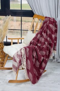 Mylasa Home Leafy Pamuklu Püsküllü Süngersiz Hayvan Desenli Bordo Tekli Koltuk Örtüsü 140x190 cm