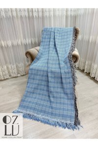 Özlü Home Pamuklu Örgü Saçaklı Süngersiz Armürlü Mavi Tekli Koltuk Örtüsü 170x220 cm