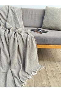 Gri Home Halı Pamuklu Saçaklı Süngersiz Düz Gri Tekli Koltuk Örtüsü 175x215 cm