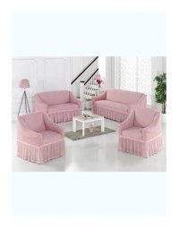 Uytm Polyester Bürümcük-Likralı Drapeli Süngerli Çizgili Giydirmeli Pembe Dörtlü Koltuk Örtüsü 180x230 cm