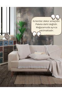 Lux Touch Lily Pamuklu Püsküllü Süngersiz Geometrik Desenli Bej Tekli Koltuk Örtüsü 150x200 cm