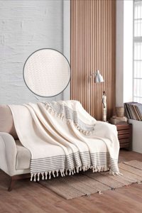 Ladynil Pamuklu Saçaklı Süngersiz Çizgili Bej Tekli Koltuk Örtüsü 180x215 cm