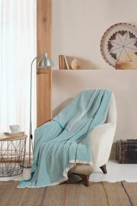 Lux Touch Vera Pamuklu Saçaklı Süngersiz Geometrik Desenli Turkuaz Tekli Koltuk Örtüsü 150x200 cm