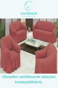 Sahibnur Pamuklu - Polyester Bürümcük Jakarlı Süngersiz Geometrik Desenli Giydirmeli Pembe Dörtlü Koltuk Örtüsü 180x230 cm