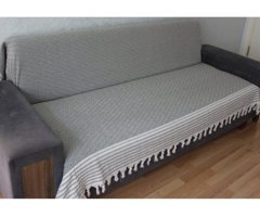 Coperta Pamuklu Kanvas Püsküllü Süngersiz Armürlü Gri Üçlü Koltuk Örtüsü 170x210 cm