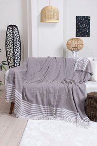 Ramsa Tekstil Naturel Pamuklu Örgü Saçaklı Süngersiz Geometrik Desenli Kahverengi Tekli Koltuk Örtüsü 170x210 cm
