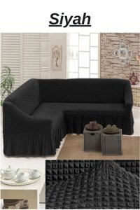 E Bahar Polyester Bürümcük Jakarlı Süngersiz Armürlü Giydirmeli Siyah Dörtlü Koltuk Örtüsü 300x350 cm