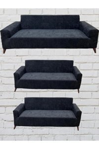 Şahane Ev Kadife Likralı Jakarlı Süngersiz Düz Giydirmeli Antrasit Üçlü Koltuk Örtüsü 5x110 cm