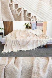Mutlu Çeyiz Diamond Lüks Pamuklu Püsküllü Süngersiz Çizgili Bej Tekli Koltuk Örtüsü 180x300 cm