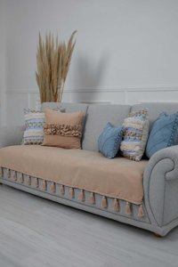 Aisha's Design KO-26 Polyester Örgü Püsküllü Süngersiz Düz Vizon Tekli Koltuk Örtüsü 34x48 cm