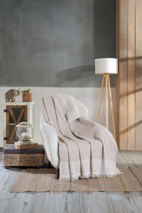 Vagonik Royal Pamuklu Polar Saçaklı Süngersiz Geometrik Desenli Bej Tekli Koltuk Örtüsü 150x170 cm