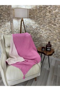 Rozet Tekstil Pamuklu Örgü Püsküllü Süngersiz Armürlü Pembe Tekli Koltuk Örtüsü 120x180 cm