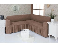 Faprikadan Pamuklu - Polyester Bürümcük Fırfırlı Süngersiz Düz Giydirmeli Kahverengi L Koltuk Koltuk Örtüsü 244x305 cm